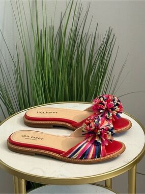 NIB Jon Josef Red Raffia Pom-Pom Slide Sandals
